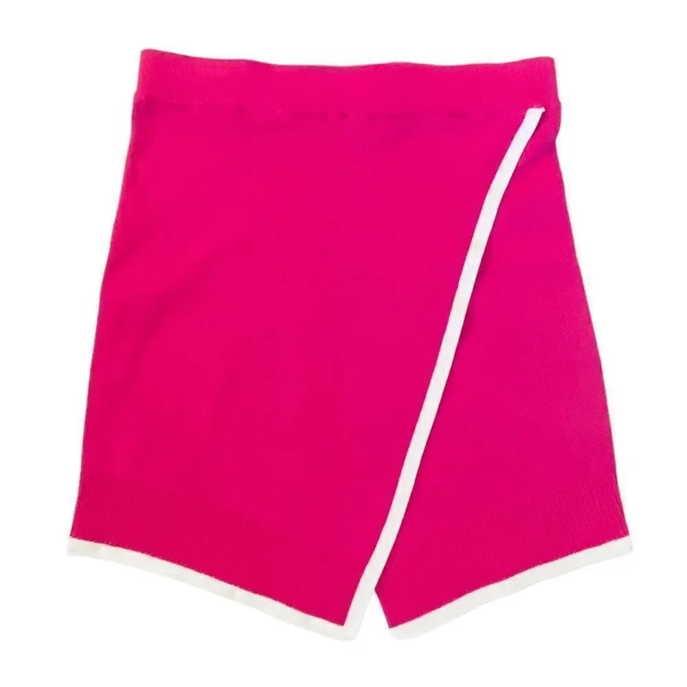 Nichole Lynel Sydney Hot Pink Contrast Trim Asymmetrical Knit Mini Skirt Sz M